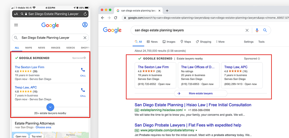 Search Results Screenshots showing Local Services Ads