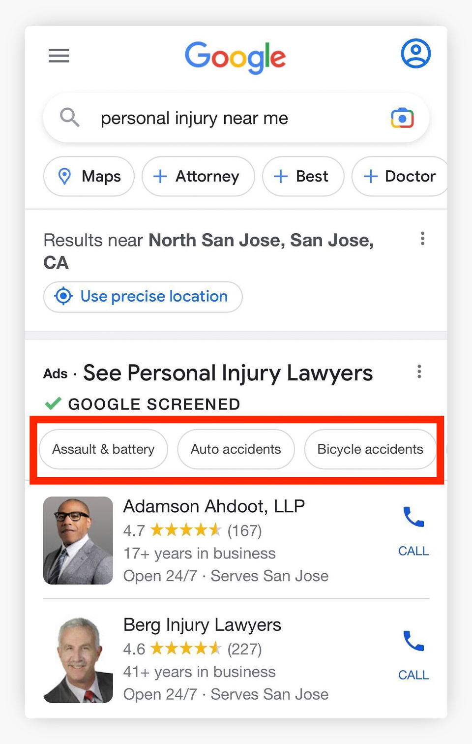 Google Search Results with related sub-practice areas